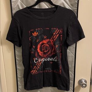 100% Cotton Adidas Originals Black Tee with Red Rose Design